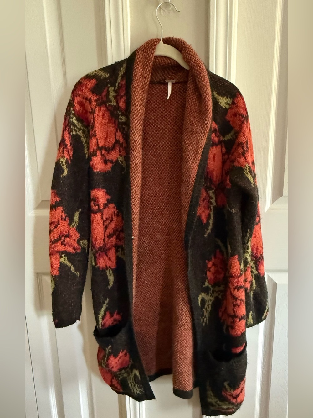 Free People Floral Open-Front Cardigan in Black and Red